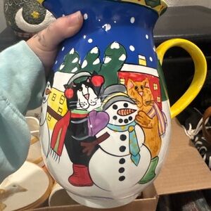 Festive Snowman and Cat Holiday Pitcher